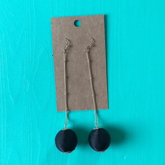 Earrings - gold long drop black balls - Picture 2 of 5